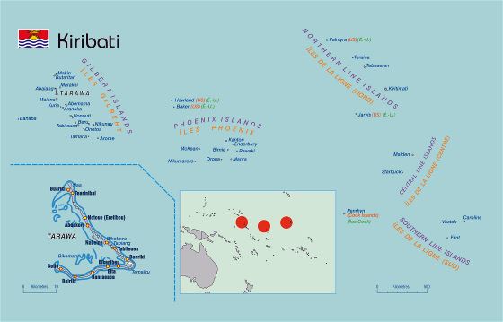 Большая подробная политическая карта Кирибати с названиями островов
