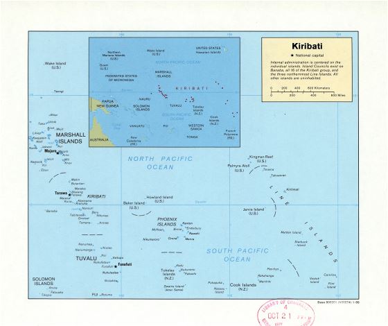 Большая детальная политическая карта Кирибати с крупными городами - 1989