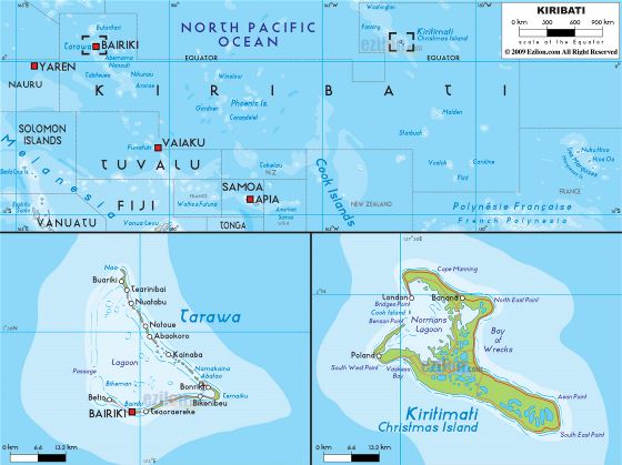 Большая физическая карта Кирибати с дорогами, городами и аэропортами
