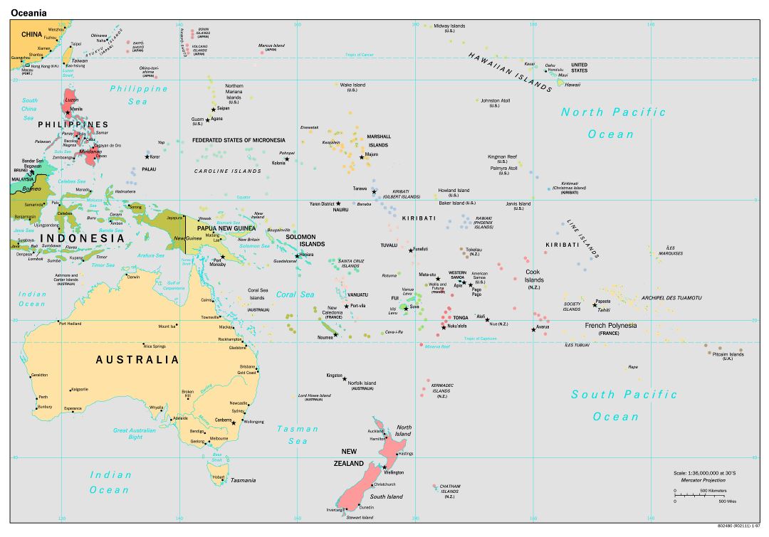 Большая детальная политическая карта Австралии и Океании со столицами и крупными городами - 1997