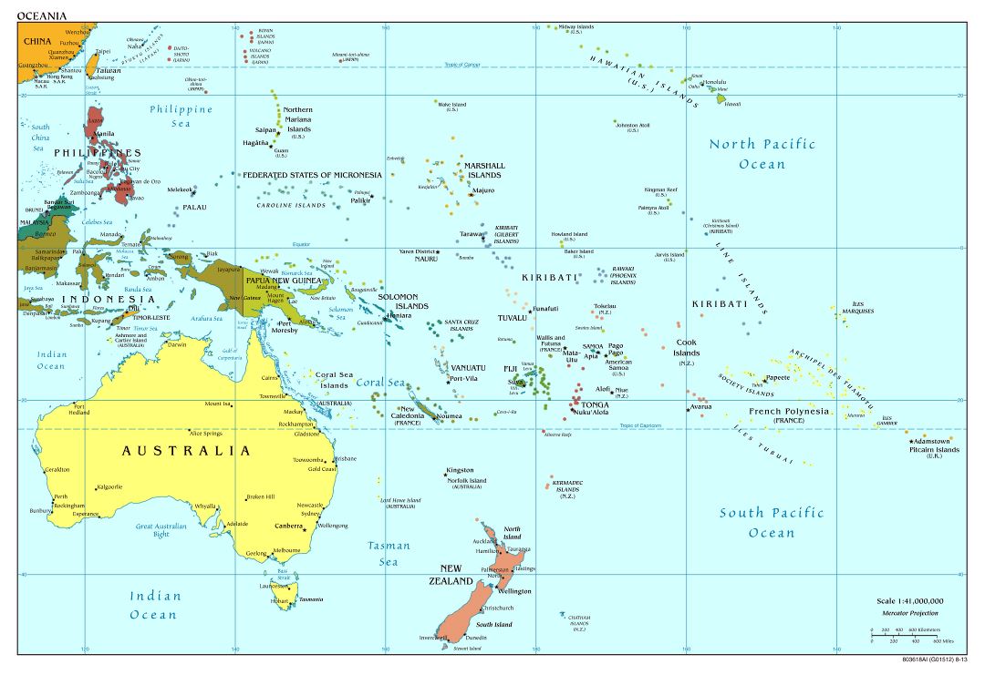 Большая подробная политическая карта Австралии и Океании со столицами и крупными городами - 2013