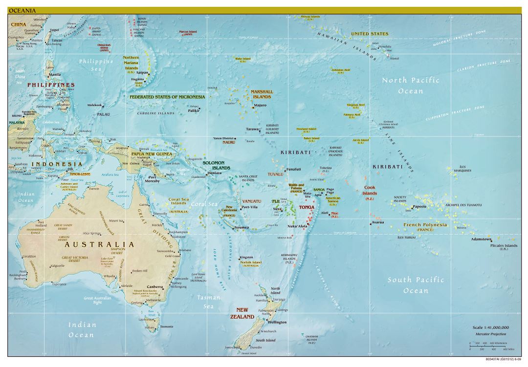 Большая подробная политическая карта Австралии и Океании с рельефом - 2009