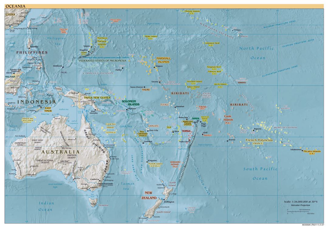 Большая детальная политическая карта Австралии и Океании с рельефом и столицами - 2007
