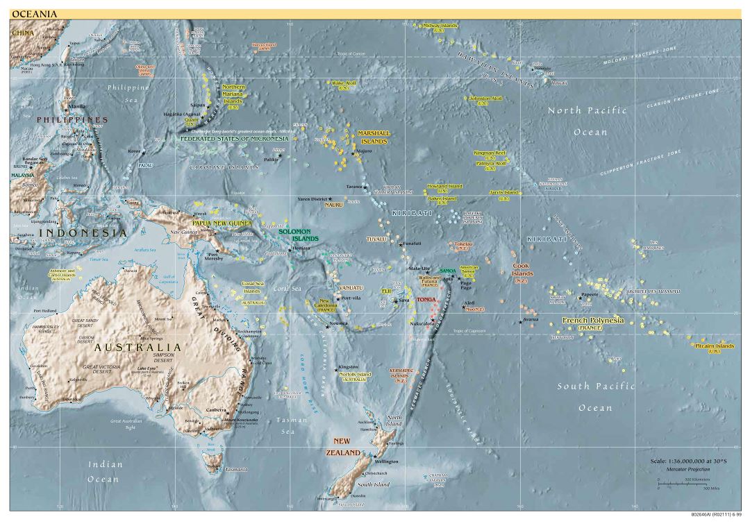 Большая подробная политическая карта Австралии и Океании с рельефом, столицами и крупными городами - 1999