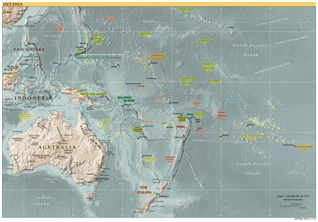 Большая подробная политическая карта Австралии и Океании с рельефом, столицами стран и большими городами - 2001
