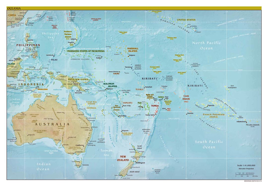 Большая подробная политическая карта Австралии и Океании с рельефом, столицами и крупными городами - 2012