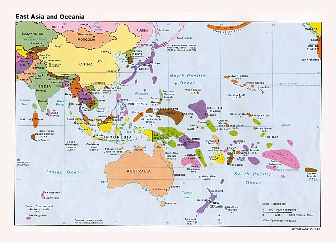Большая подробная политическая карта Восточной Азии и Океании с крупными городами и столицами - 1992