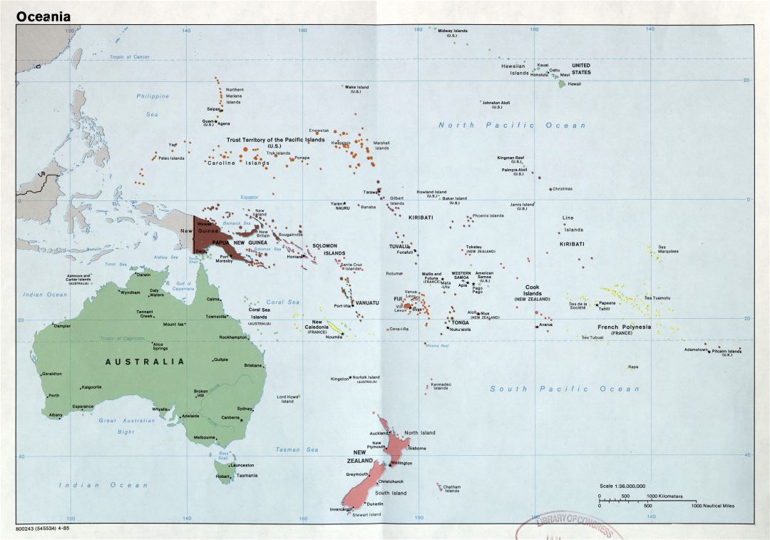 Большая подробная политическая карта Океании со столицами стран и крупными городами - 1985
