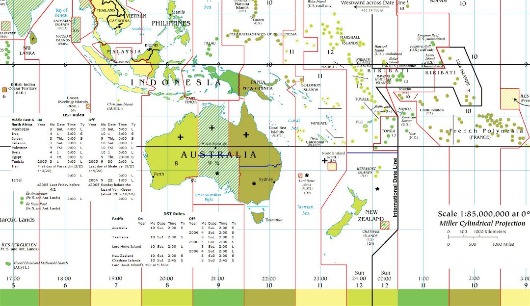 Большая детальная карта часовых поясов Австралии и Океании