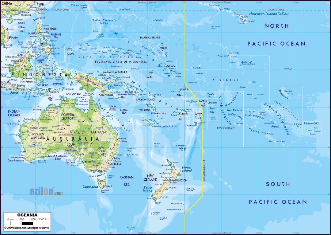 Большая физическая карта Австралии и Океании с крупными городами и главными дорогами