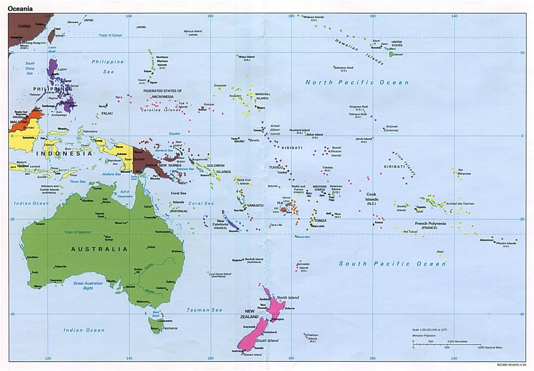 Большая политическая карта Австралии и Океании - 1995