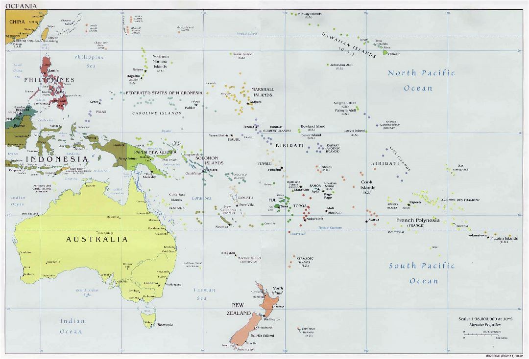 Большая политическая карта Австралии и Океании - 2001