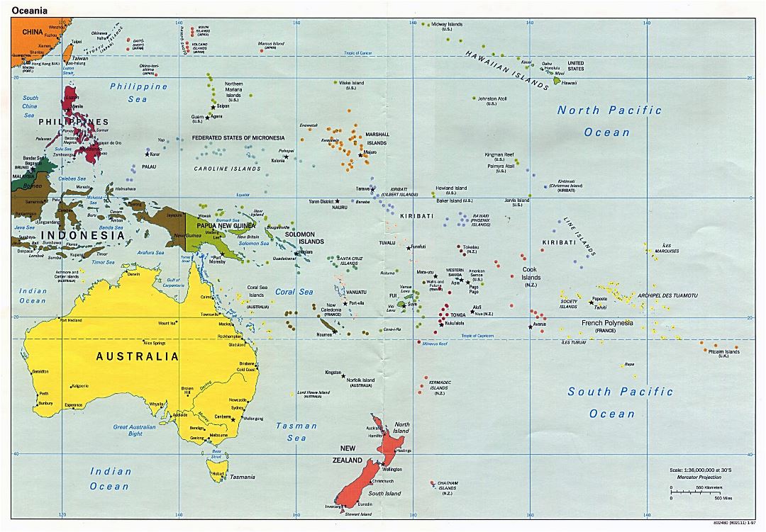 Большая политическая карта Австралии и Океании со столицами - 1997