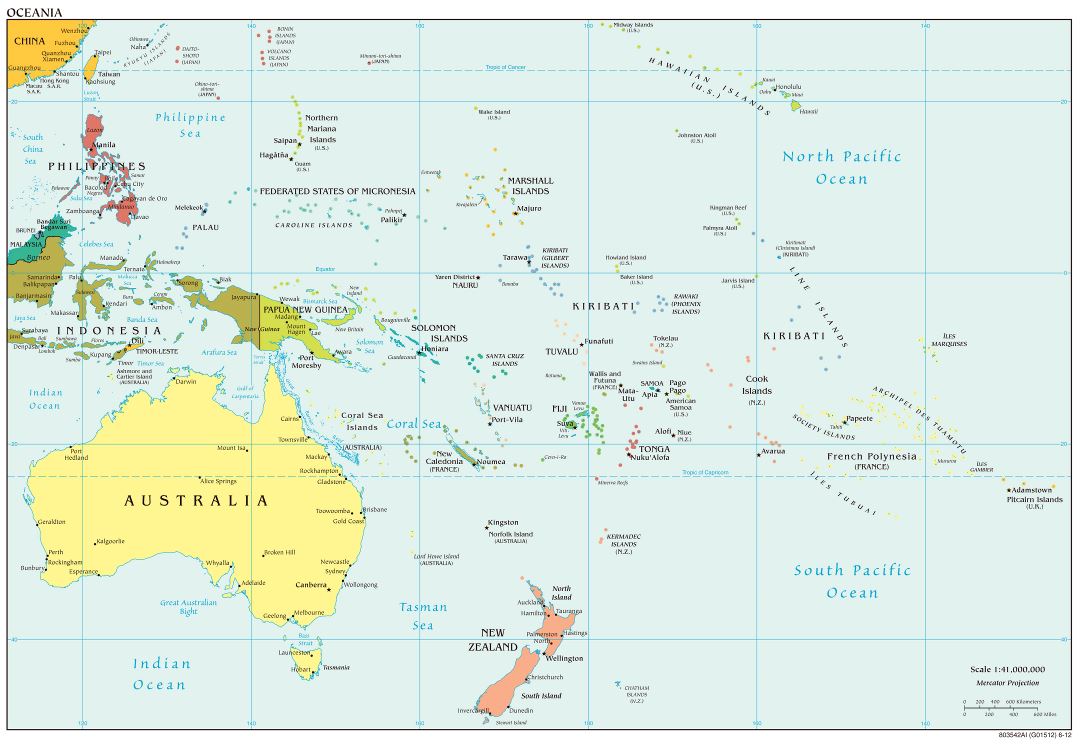 Большая политическая карта Австралии и Океании со столицами - 2012