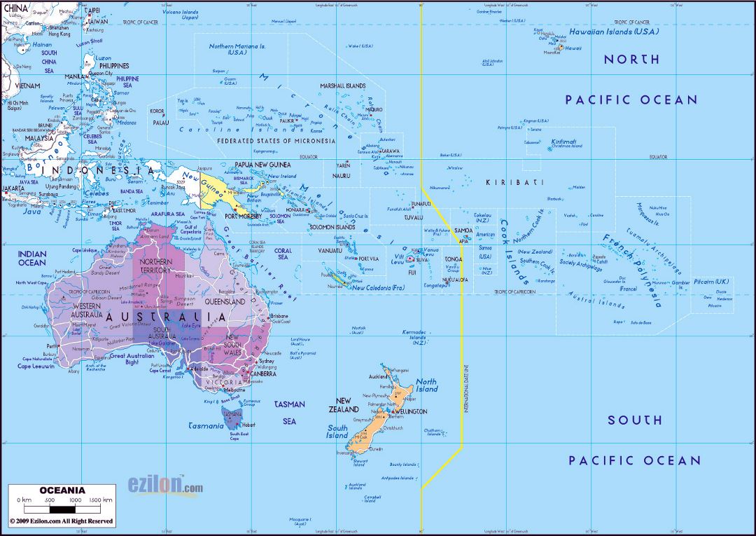 Большая политическая карта Австралии и Океании с крупными дорогами и городами