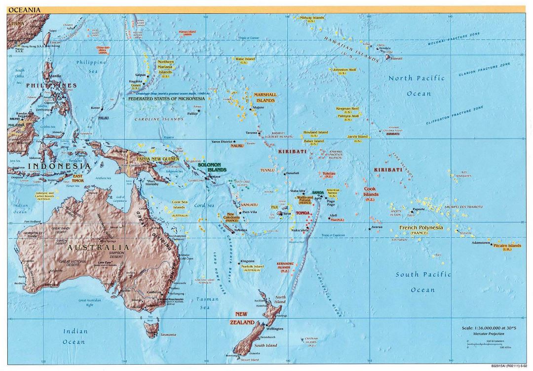 Большая политическая карта Австралии и Океании с рельефом - 2002