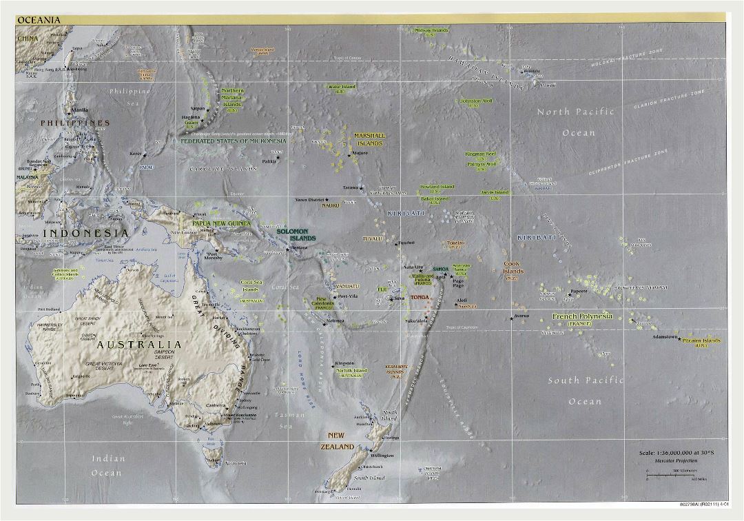 Большая политическая карта Австралии и Океании с рельефом, крупными городами и столицами - 2001