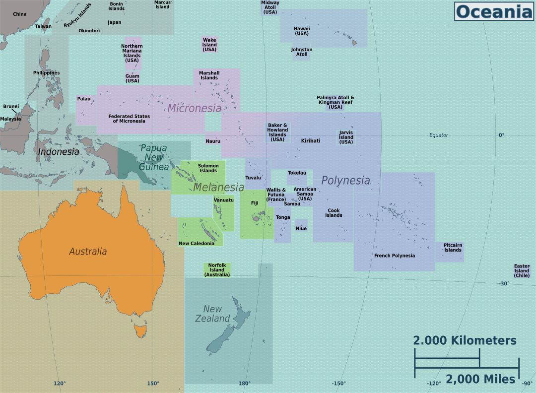 Большая карта регионов Австралии и Океании
