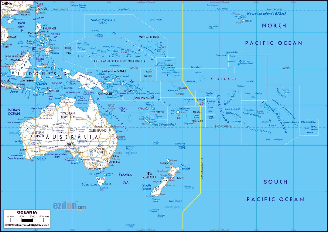 Большая карта автомобильных дорог Австралии и Океании с крупными городами