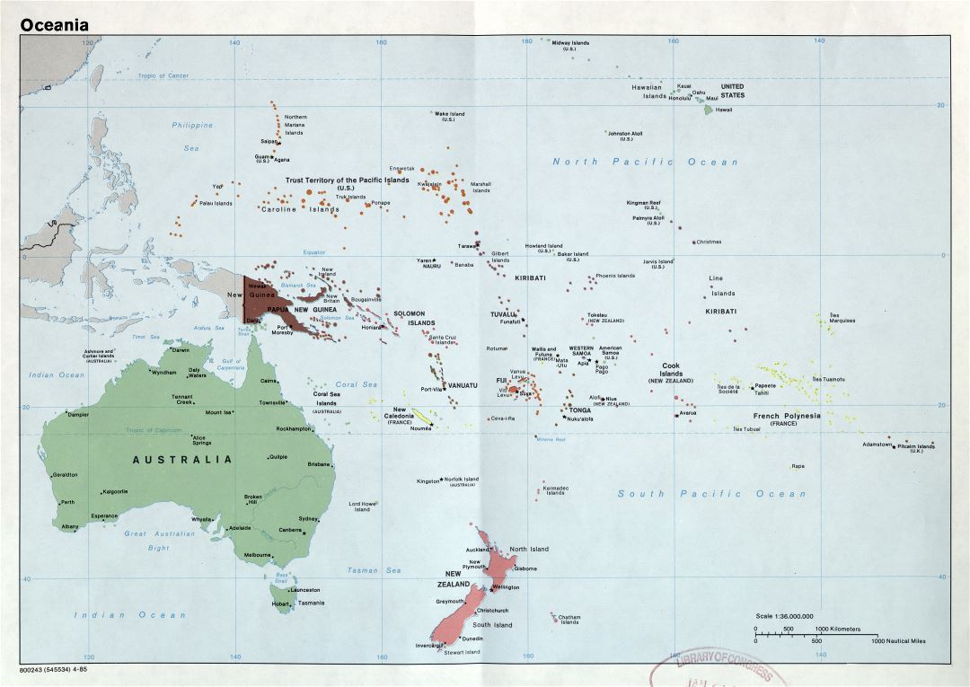 Крупномасштабная политическая карта Океании со столицами и крупными городами - 1985