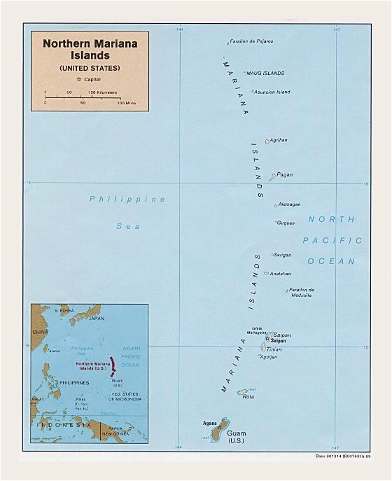Подробная политическая карта Северных Марианских островов с названиями островов и столиц - 1989