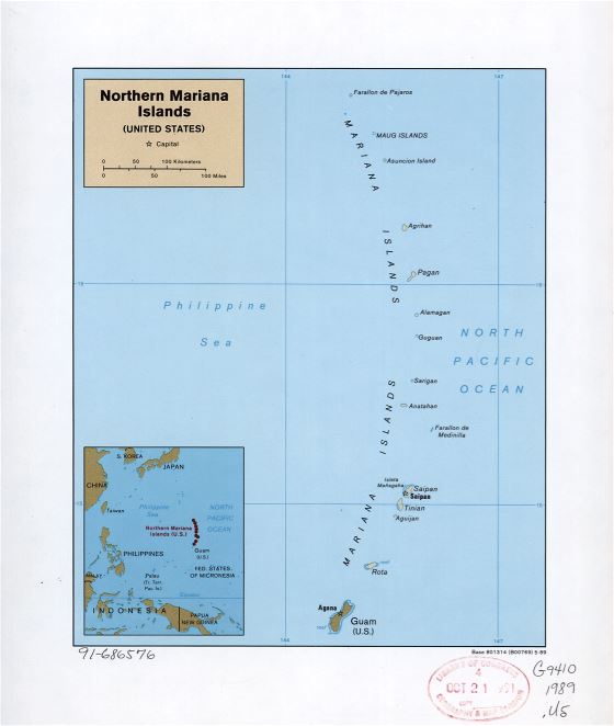 Большая детальная политическая карта Северных Марианских островов с названиями островов и столиц - 1989