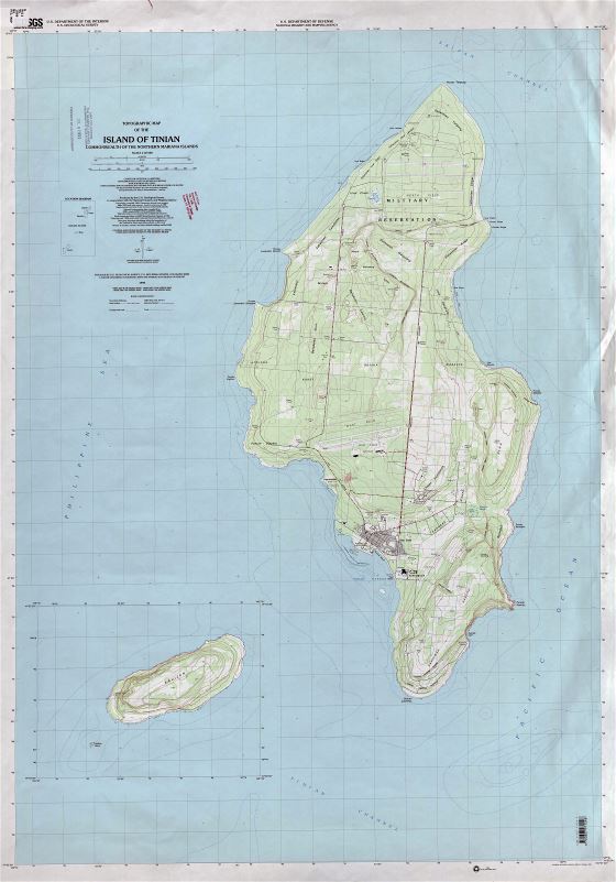 Большая подробная топографическая карта острова Тиниан, Северные Марианские острова