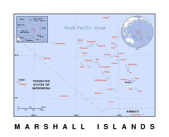 Детальная политическая карта Маршалловых островов со столицей и другими пометками