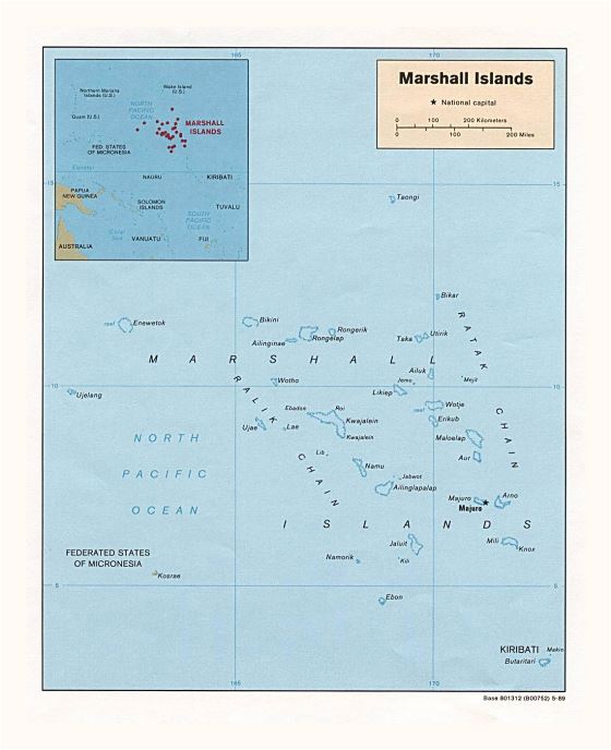 Детальная политическая карта Маршалловых островов с названиями островов и столицей - 1989