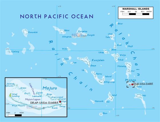 Большая физическая карта Маршалловых островов с другими пометками