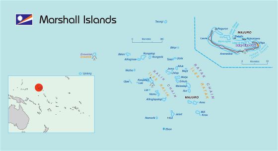Большая политическая карта Маршалловых островов с аэропортами и другими пометками