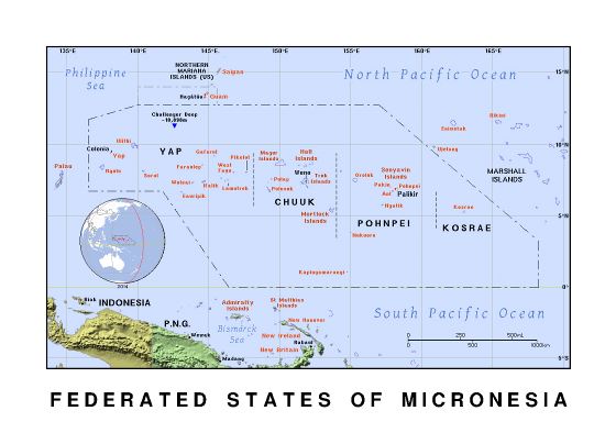 Подробная политическая карта Федеративных Штатов Микронезии с рельефом