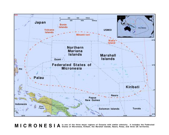 Детальная политическая карта Микронезии с рельефом