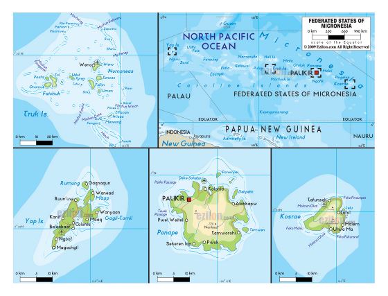 Большая физическая карта Микронезии с дорогами, городами и аэропортами