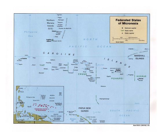 Большая политическая карта Федеративных Штатов Микронезии с крупными городами - 1999