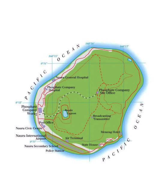 Детальная карта высот Науру с дорогами, населенными пунктами и аэропортом