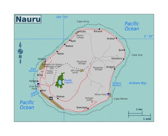 Детальная карта Науру с дорогами, населенными пунктами, аэропортами и другими пометками