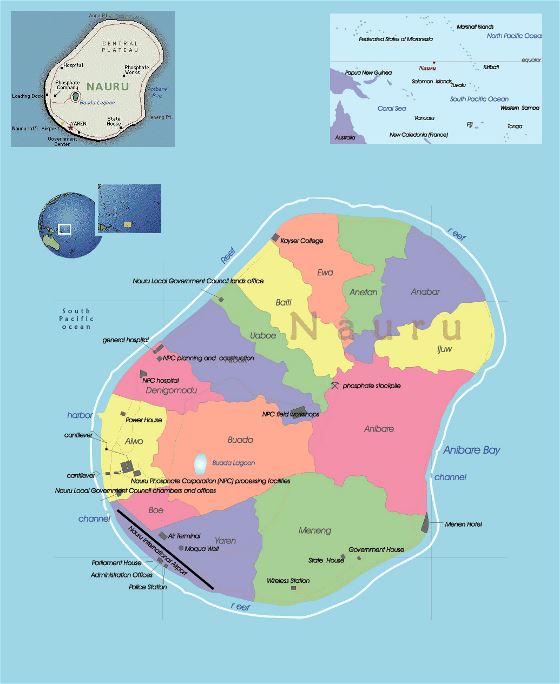 Подробная политическая и административная карта Науру с другими пометками