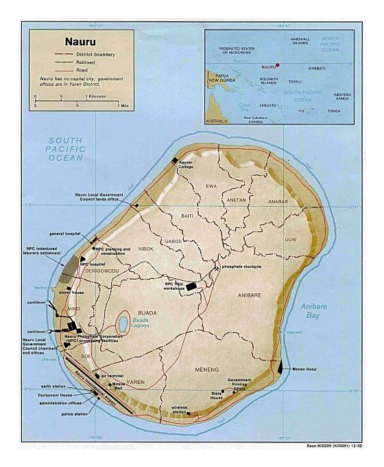 Детальная политическая и административная карта Науру с рельефом, дорогами, железными дорогами и другими объектами - 1988