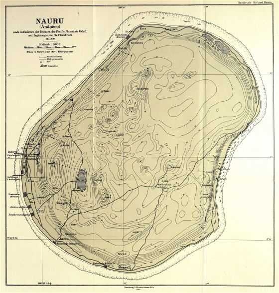 Большая подробная старая топографическая карта Науру с пометками- 1914
