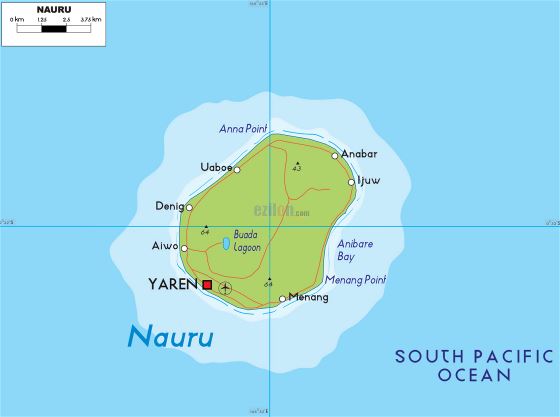 Большая карта высот Науру с дорогами, населенными пунктами и аэропортом