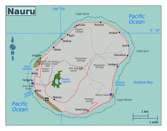 Большая карта Науру с дорогами, населенными пунктами, аэропортом и другими пометками