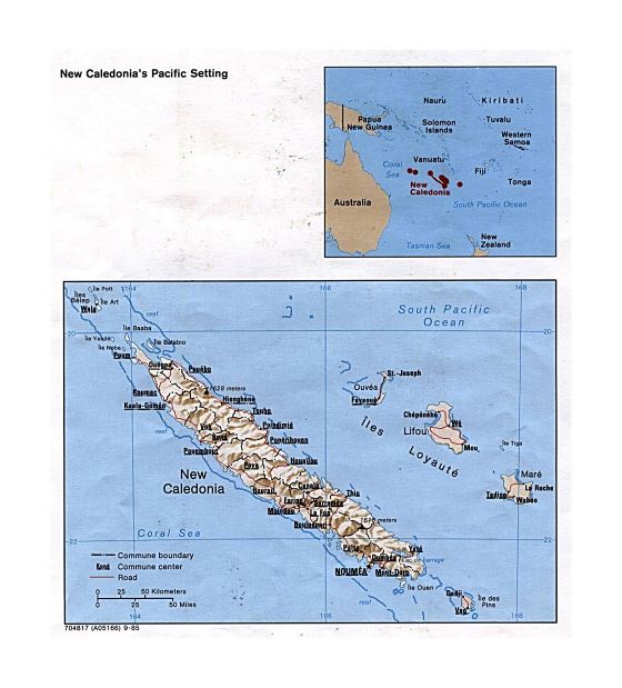 Детальная политическая и административная карта Новой Каледонии с рельефом, дорогами и городами - 1985