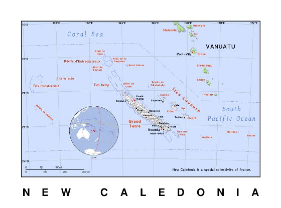 Детальная политическая карта Новой Каледонии с рельефом