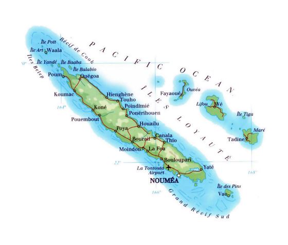 Карта высот Новой Каледонии с дорогами, городами и аэропортами