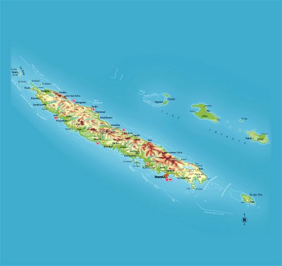 Большая карта высот Новой Каледонии с дорогами, городами и другими пометками