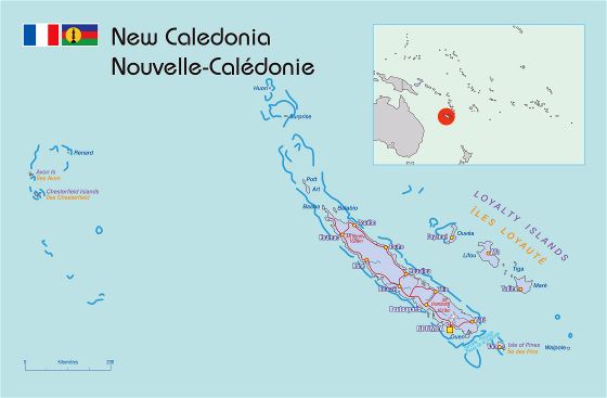 Большая политическая карта Новой Каледонии с дорогами и городами