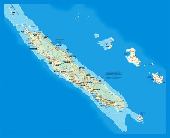 Большая карта дорог Новой Каледонии с рельефом и городами