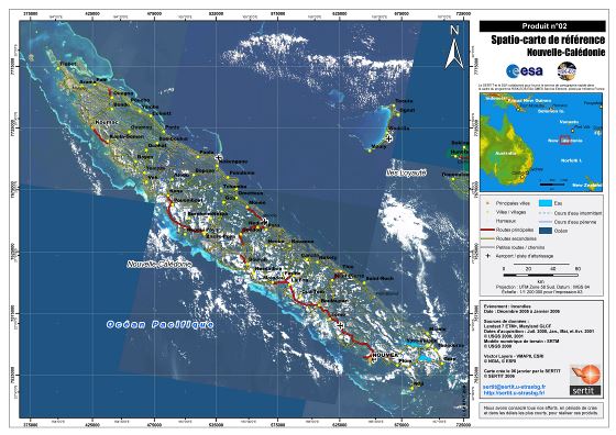 Крупномасштабная спутниковая карта Новой Каледонии с пометками городов, дорог и аэропортов