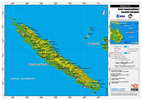 Крупномасштабная топографическая карта Новой Каледонии с пометками городов, дорог и аэропортов